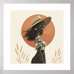 Poster Femme Bohème Minimaliste Chapeau de Paille Aesthet