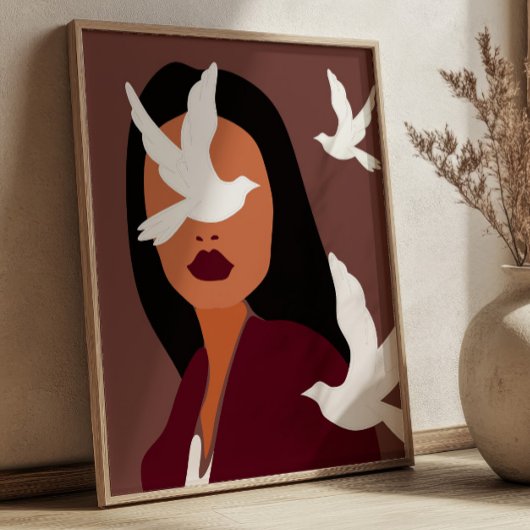 Poster Femme Boho Chic avec des Colombes Blanches Art Min