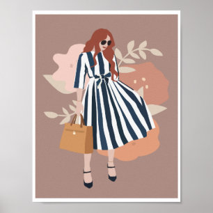 Poster Femme Boho Robe Rayée Bleue Art Floral Mode