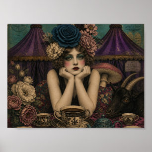 Poster Femme boit du thé au cirque avec une chèvre noire