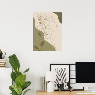 Poster Femme botanique élégante, art linéaire et olive
