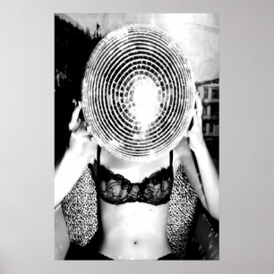 Poster Femme boule disco impression, Noir et Blanc, Funky