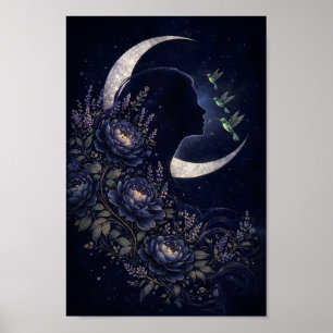 Poster Femme céleste Silhouette avec fleurs et colibri