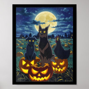 Poster Femme Chat Noir Chien Poulet Halloween Citrouille
