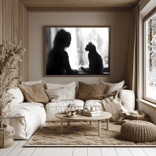 Poster Femme contemplative avec chat en pluie par la fenê