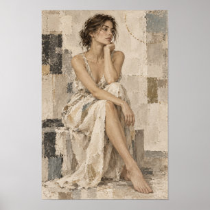 Poster Femme contemplative en robe blanche Abstrac neutre