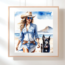 Poster Femme côtière portant une robe Denim sur la plage