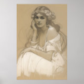 Poster Femme crayon blanc Crayon Portrait Étude Mucha (Devant)