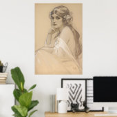 Poster Femme crayon blanc Crayon Portrait Study Mucha Pos (Bureau à domicile)