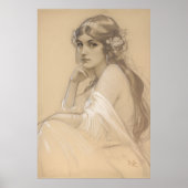 Poster Femme crayon blanc Crayon Portrait Study Mucha Pos (Devant)
