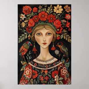 Poster Femme d'art populaire d'Europe de l'Est vibrante a