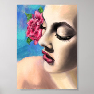 Poster Femme de beauté avec rose rouge - Peinture origina