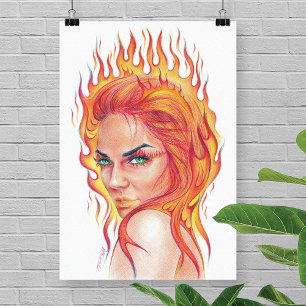 Poster Femme de feu Portrait de dessin d'art surréaliste