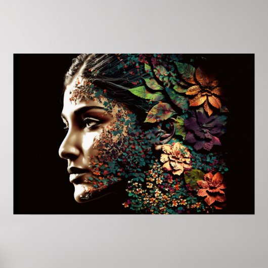 Poster Femme de feuilles et de fleurs (Devant)