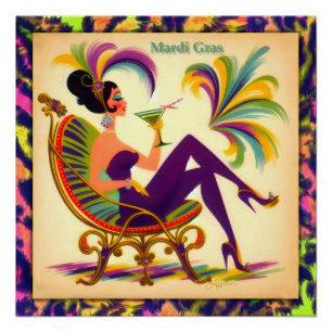 Poster Femme de Mardi Gras du milieu du siècle avec un Ma