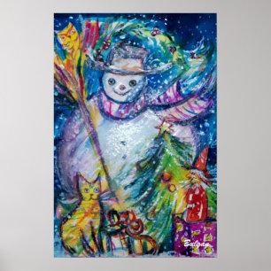 Poster FEMME DE NEIGE AVEC JOUETS, bleu blanc jaune