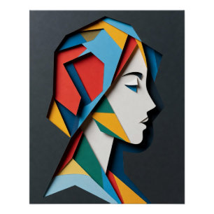Poster Femme de profil en papier découpé géométrique