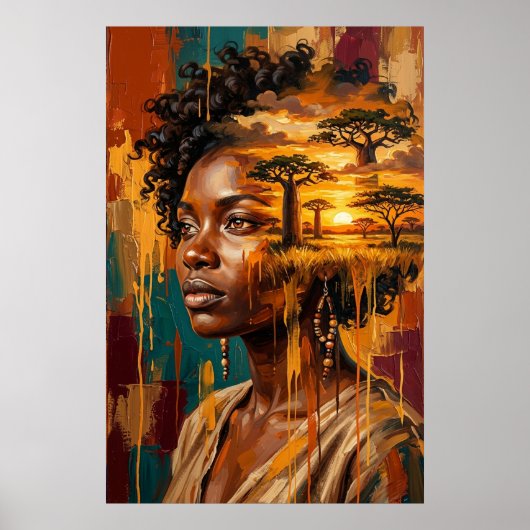 Poster Femme Double Exposition Coucher de Soleil Savane A (Devant)