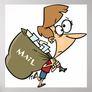 Poster Femme drôle portant un lourd sac de courrier