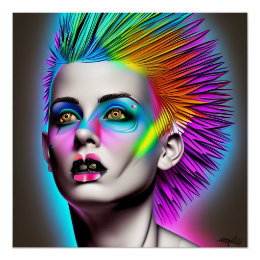 Poster Femme dystopique avec Rainbow Mohawk Ai Art (Devant)