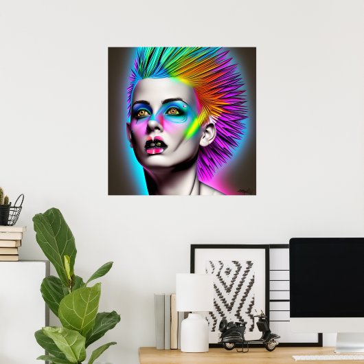 Poster Femme dystopique avec Rainbow Mohawk Ai Art (Bureau à domicile)