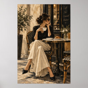 Poster Femme Élégante au Café avec Café et Croissant Wa