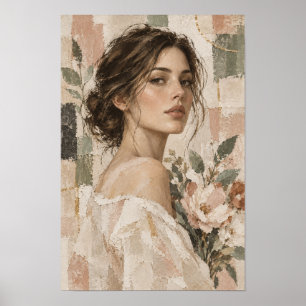 Poster Femme élégante avec fleurs figuratives neutres dou