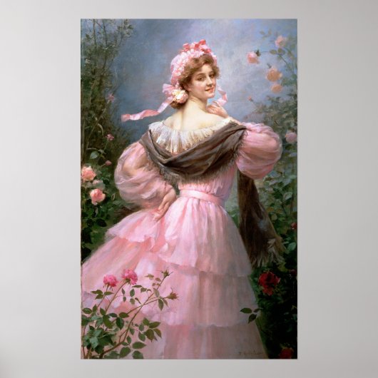 Poster Femme élégante dans un jardin rose (Devant)