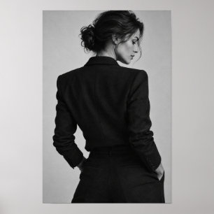 Poster Femme Élégante en Costume Noir Portrait Monochrome