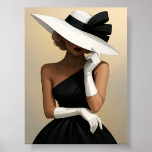 Poster Femme élégante en robe noire et Casquette blanc