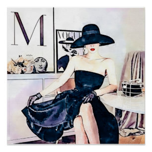 Poster Femme élégante en robe noire sans bretelles
