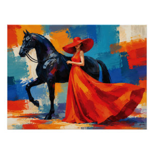 Poster Femme Élégante en Rouge avec Cheval Noir