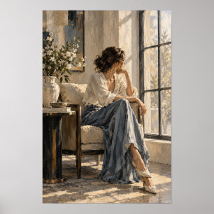 Poster Femme Élégante Près d'une Fenêtre Ensoleillée Art