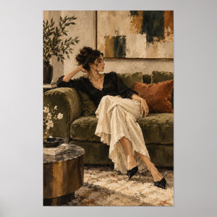 Poster Femme Élégante sur Canapé en Velours Figuratif Con