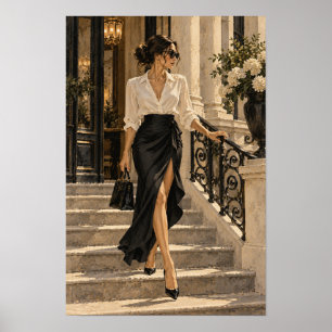 Poster Femme Élégante sur les Marches de Pierre Mode Figu