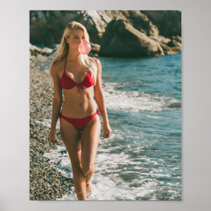 Poster Femme en bikini rouge à l'océan Mignonne Bulle de
