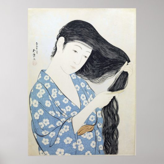 Poster Femme en bleu, peigne ses cheveux, Art Japonais (Devant)