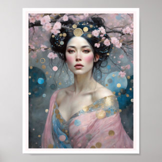 Poster Femme en fleurs de cerisier de printemps avec chev