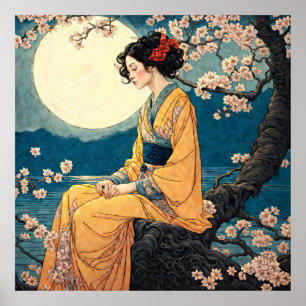 Poster Femme en Kimono Cerry Blossom Lune Nuit