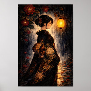 Poster Femme en kimono japonais Lanterne Nuit Pluie Art