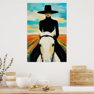 Poster Femme en noir sur un cheval blanc – Champ dramatiq