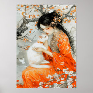 Poster Femme en Orange avec chat blanc