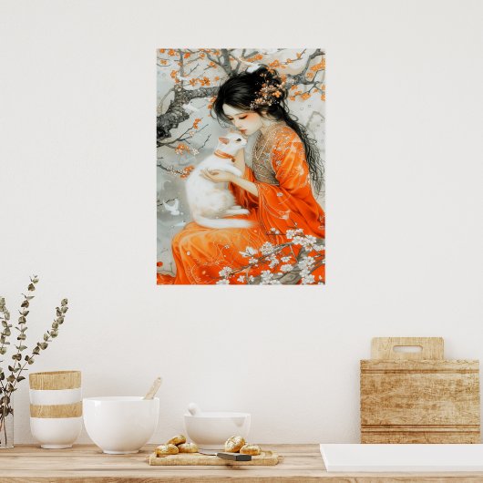 Poster Femme en Orange avec chat blanc (Cuisine)