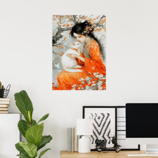 Poster Femme en Orange avec chat blanc (Bureau à domicile)