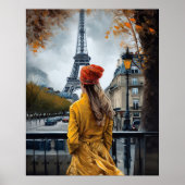 Poster Femme en Peignoir Jaune Admirant La Tour Eiffel (Devant)