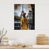 Poster Femme en Peignoir Jaune Admirant La Tour Eiffel (Cuisine)
