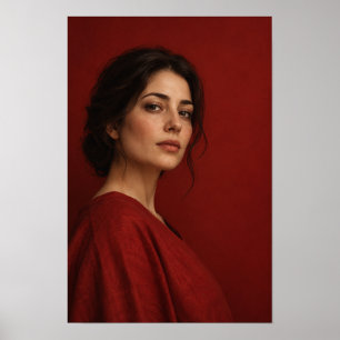 Poster Femme en portrait rouge sur fond cramoisi W