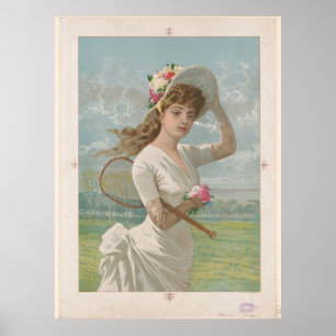Poster Femme en robe blanche tenant une raquette de tenni