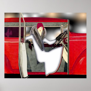 Poster Femme en voiture de sport rouge