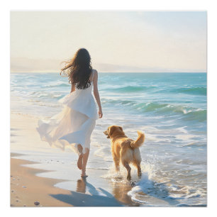 Poster Femme et chien se promenant sur la plage au couche